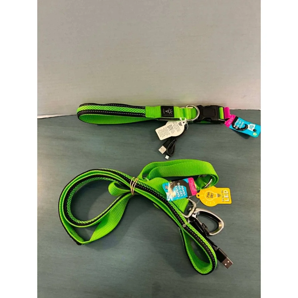 Play On LED Dog Leash and Collar Set M/L Green New USB Rechargeable Safety